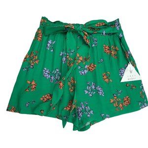 NWT Green with Orange Flowers Floral Paperbag Flowy Shorts size Small